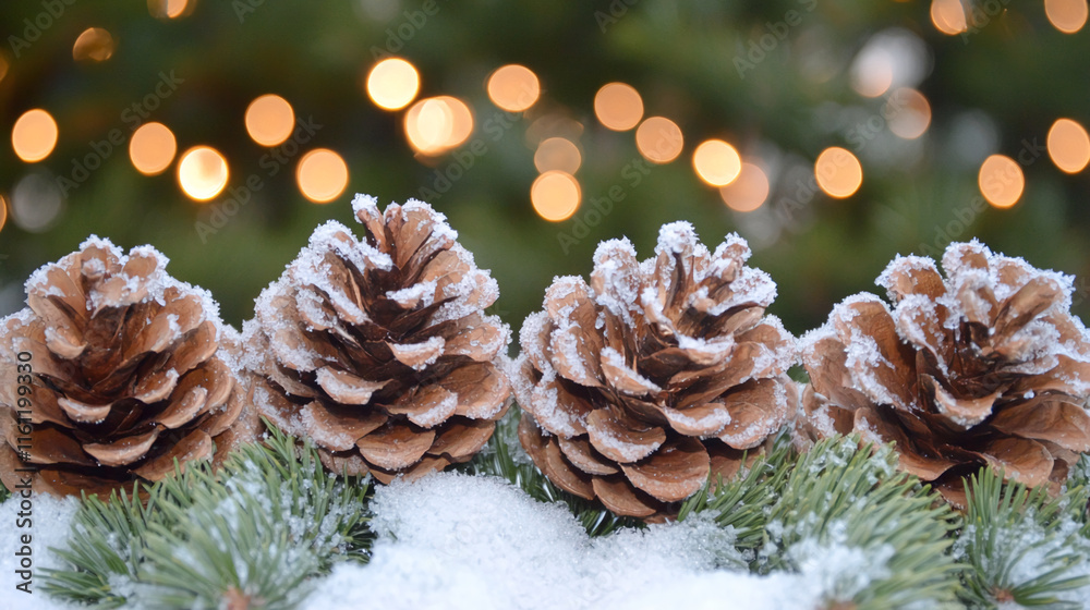 Aufkleber frosted pinecones on snow with evergreen branches and warm bokeh light background