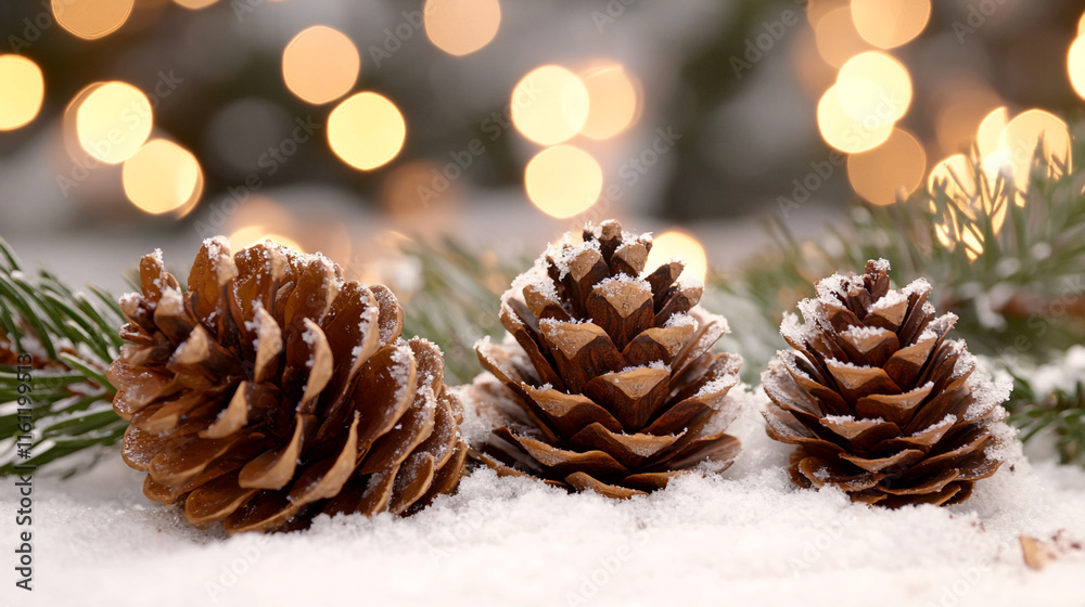 Poster Frosted pinecones on snow with evergreen branches and warm bokeh light background