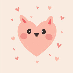 Cute heart-shaped animal face with pink cheeks surrounded by hearts, Valentine's Day illustration