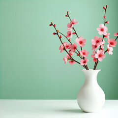 Pink Cherry Blossom Branches in White Vase on Mint Green Background, Perfect for Minimalist Decor, Spring-Themed Art, Floral Advertising, Zen Aesthetics, Home Decor Ideas, Greeting Cards, and Nature-I