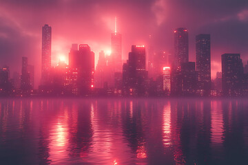 Fototapeta premium A breathtaking futuristic neon cityscape with glowing skyscrapers, vibrant hues of pink, blue, and purple lights, and a misty atmosphere, evoking a cyberpunk aesthetic.
