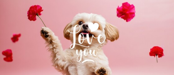 Adorable Puppy Holding Flower, Love You Text, Pink Background Stock Photo