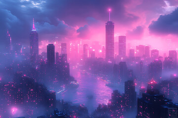 Obraz premium A breathtaking futuristic neon cityscape with glowing skyscrapers, vibrant hues of pink, blue, and purple lights, and a misty atmosphere, evoking a cyberpunk aesthetic.