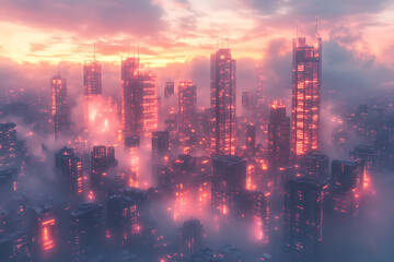 Fototapeta premium A breathtaking futuristic neon cityscape with glowing skyscrapers, vibrant hues of pink, blue, and purple lights, and a misty atmosphere, evoking a cyberpunk aesthetic.