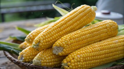 Fresh Yellow Corn Cobs at Local Market, Farm to Table Vegetables