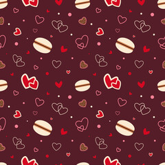 Seamless pattern with hearts and cookies for Valentine's Day on a dark background. Vector.