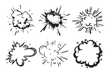 Vector flat simple cartoon comic book explosion icon set, black on a white background