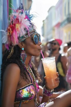 Woman wearing colorful carnival costume enjoying a drink