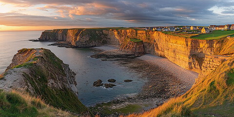 Golden cliffs and a quaint coastal village illuminated by sunset overlooking the serene ocean