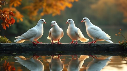 Four White Doves on Weathered Stone Balcony at Dusk, Serene Autumn Lake Reflection