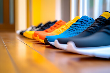 Colorful running shoes displayed neatly, showcasing their unique designs and vibrant hues