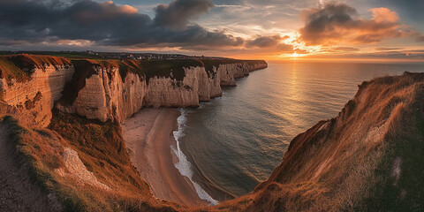 Golden cliffs reflected in calm ocean waters during a vibrant sunset with dramatic skies