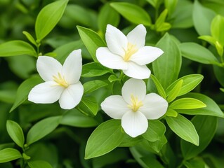 Obraz premium Three White Flowers in Lush Green Foliage