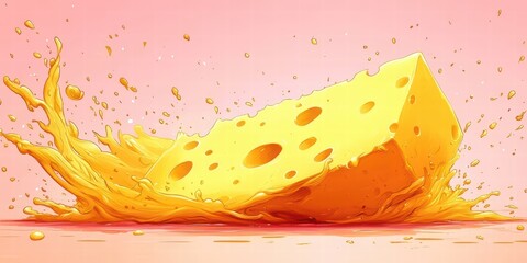 A vibrant yellow cheese wedge splashes against a pink background, showcasing its holes and texture in a playful, dynamic composition.