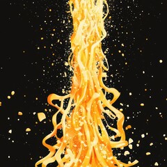 A vibrant splash of golden noodles dancing against a dark background, creating a dynamic and energetic visual effect.