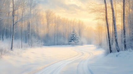 Winter Wonderland Snow-Covered Forest Path at Sunrise