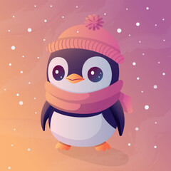 Penguin in a hat. Cute winter character. Vector illustration with trendy gradient.