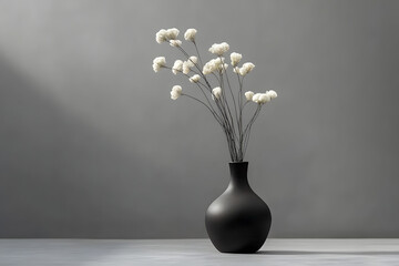 Flores secas blancas decorativas en un jarrón negro sobre fondo gris
