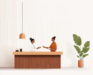 A minimalist spa reception with a receptionist explaining packages to a guest, calm hospitality, modern simplicity