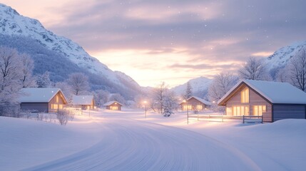 Cozy Winter Village in the Mountains at Sunset