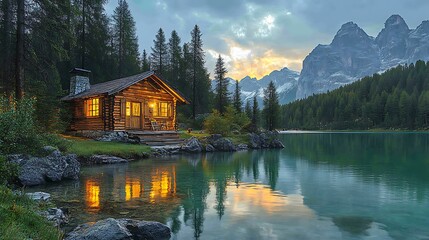 Fototapeta premium Scenic Featuring Idyllic Lakeside Cabin With Radiant Autumn Mountain Photo