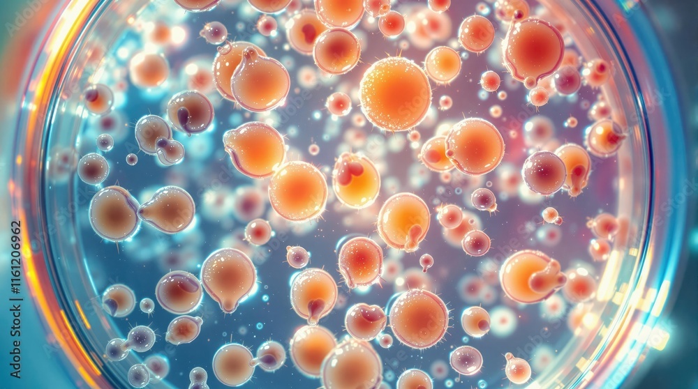 Poster microscopic view of cells in petri dish vibrant colorful image biological structures under magnifica
