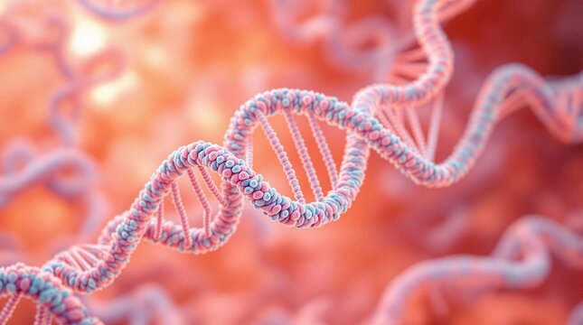 Detailed close up of DNA double helix structure intricate molecular arrangement is highlighted against warm blurred background