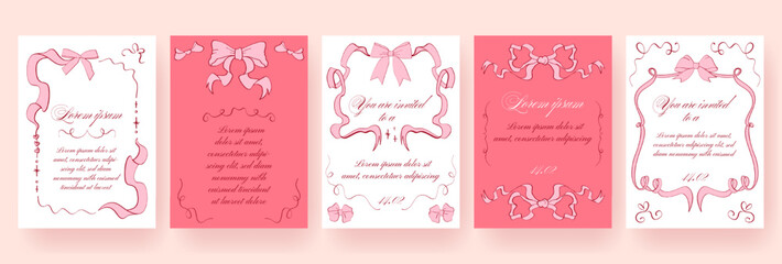 Set of coquette templates with delicate hand drawn pink ribbon frames and bows. Trendy elegant vintage wedding invitations, Valentine’s Day cards, romantic designs, poster, banner designs.