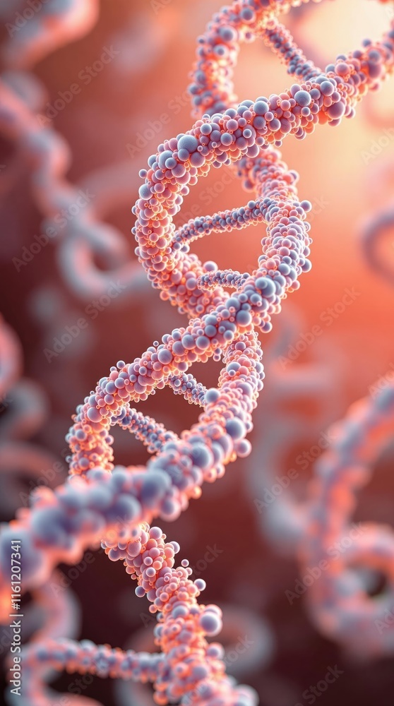 Poster Microscopic view of DNA strand intricate double helix structure with vibrant color palette