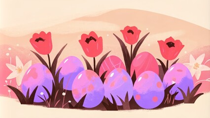 Colorful tulips and easter eggs in vibrant spring scene