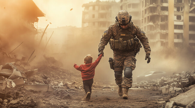 military saving a child from war 