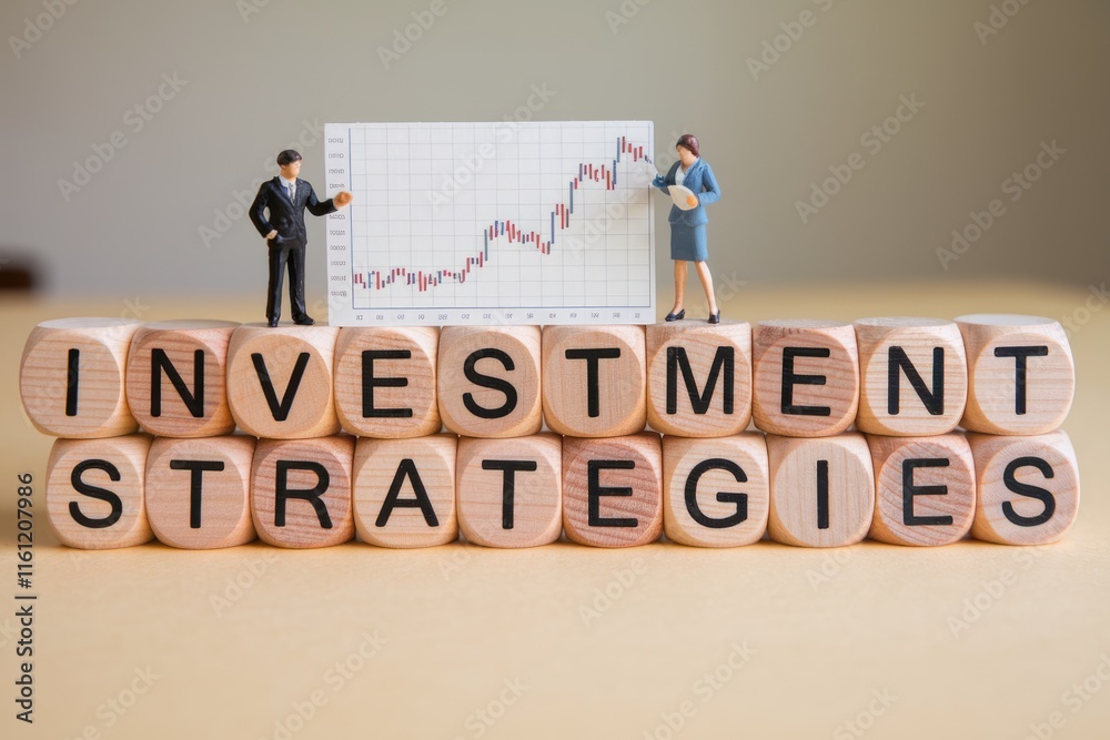 Poster miniature figures represent investment strategies with a rising stock chart.