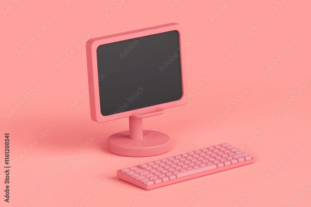 Poster pink computer monitor and keyboard on a pink background.