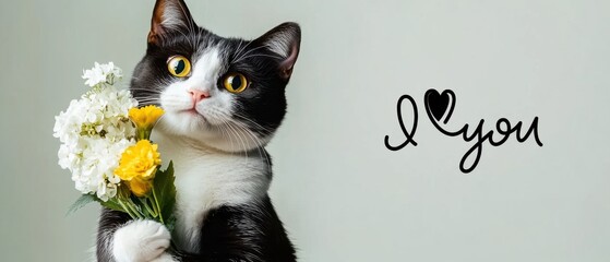 Adorable tuxedo cat holding flowers with I Love You message