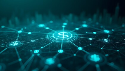 Abstract Online Network with Glowing Digital Money Currency Symbols.
