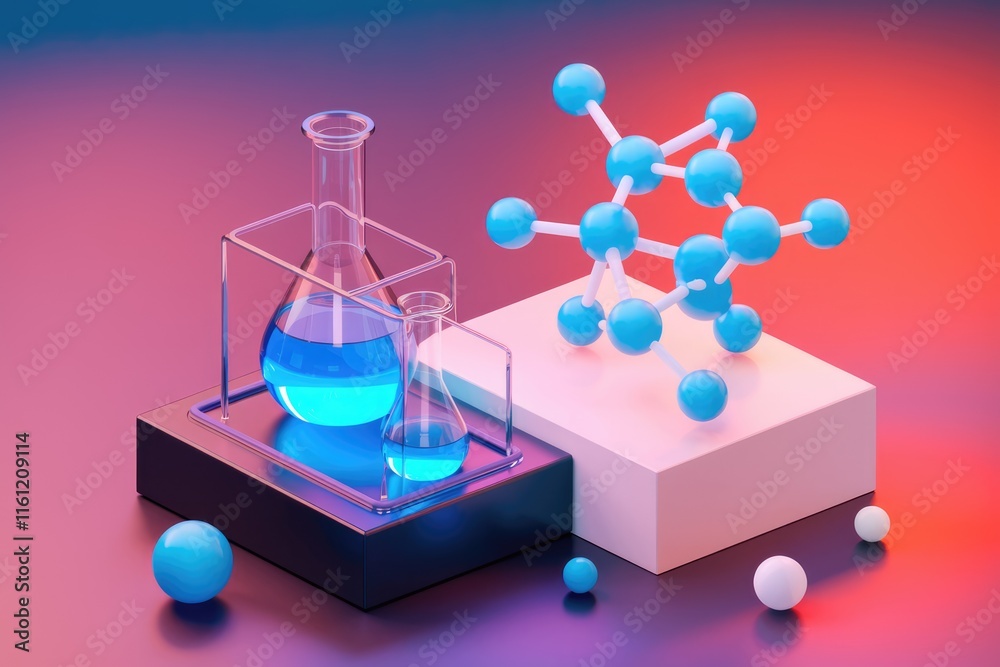 Poster A 3D rendering of a molecule model and beakers filled with blue liquid on a colorful background.