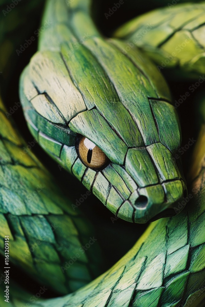 Poster a close-up of a green snake's head with distinctive markings