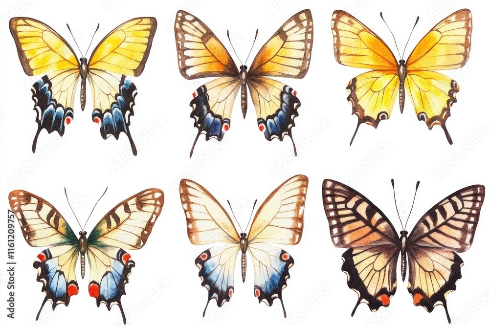 Poster a collection of colorful butterflies on a clean white surface