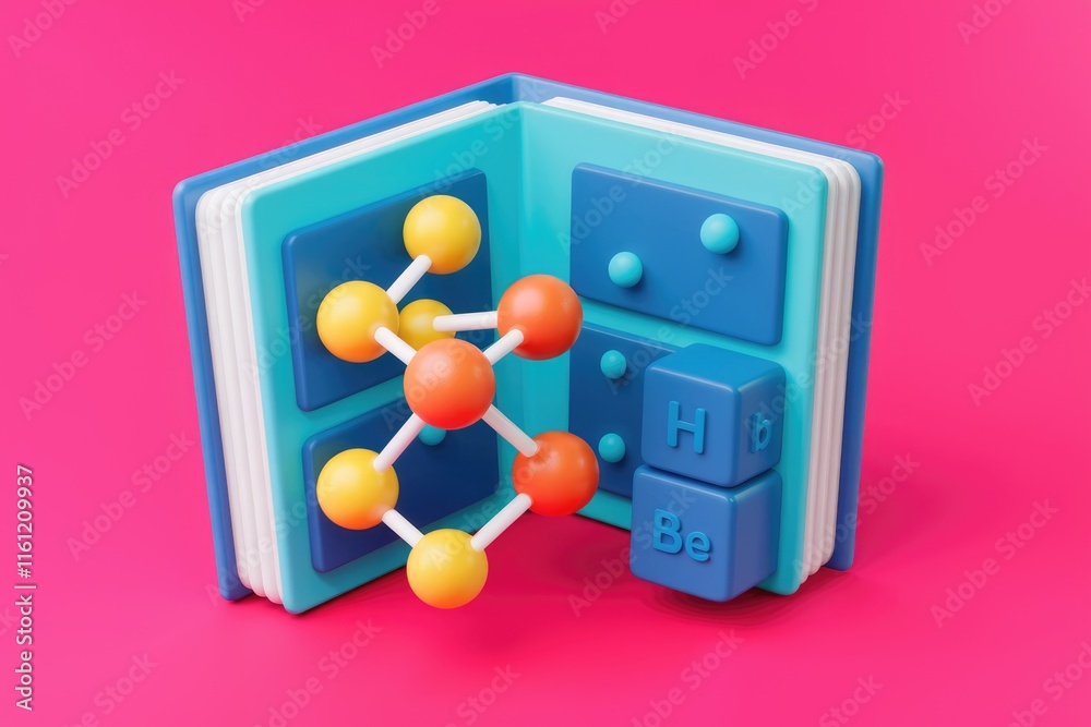Poster a 3d illustration of a book with a molecule and periodic table elements.