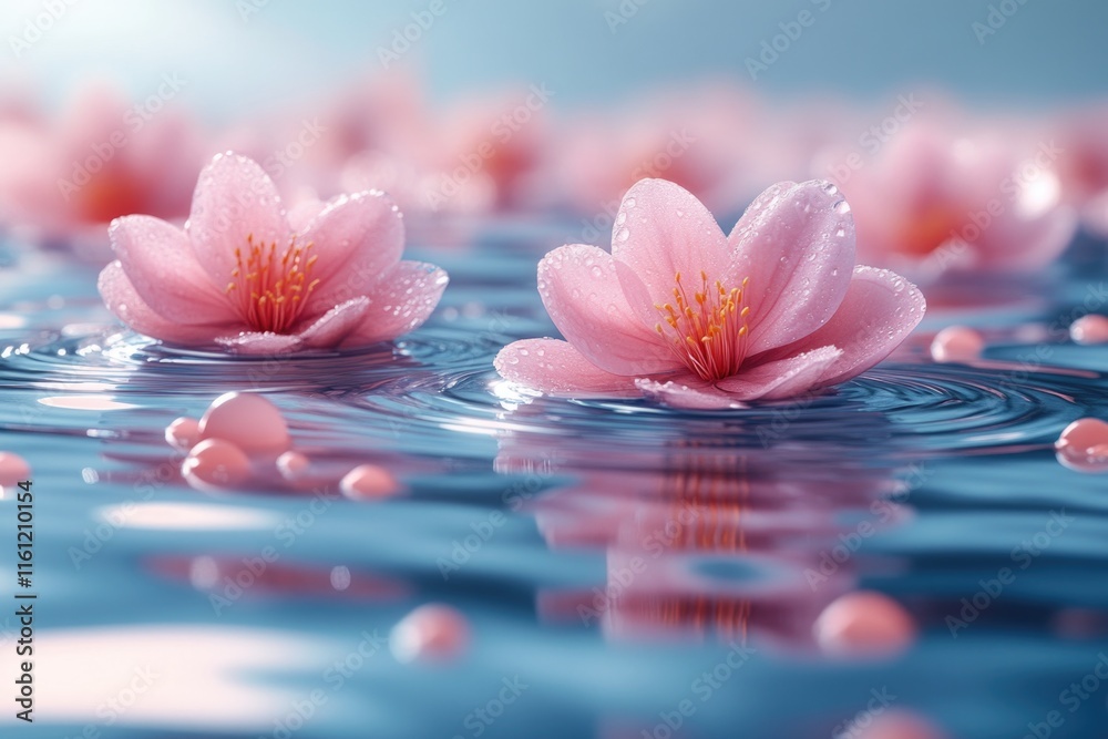 Poster a serene scene with a group of pink flowers floating on the surface of the water