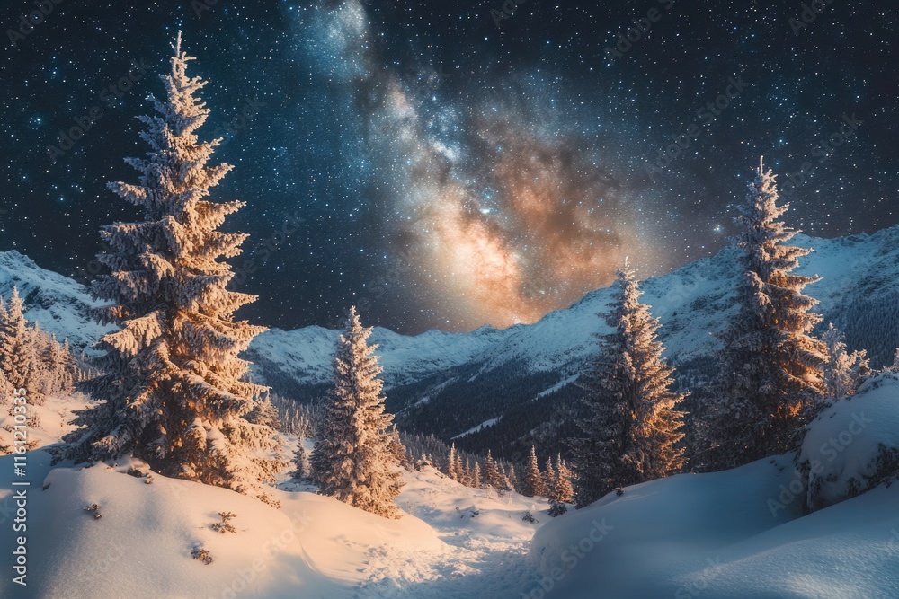 Poster a serene winter scene with snow-covered trees and misty mountains in the background