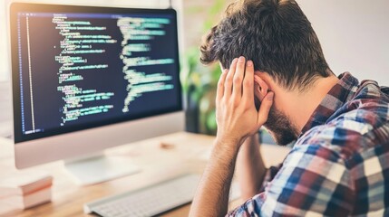Frustrated developer at computer, facing challenges in coding and debugging, embodies the perseverance and resilience required in the tech industry.