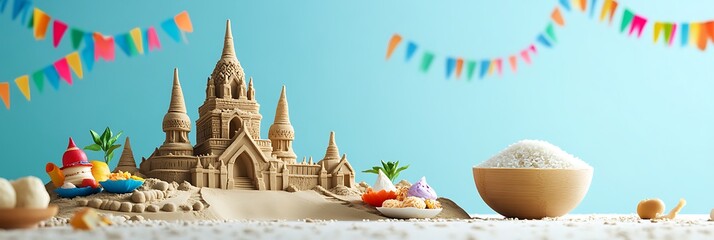 Obraz premium Songkran Festival banner, featuring sand castles and traditional Thai temples