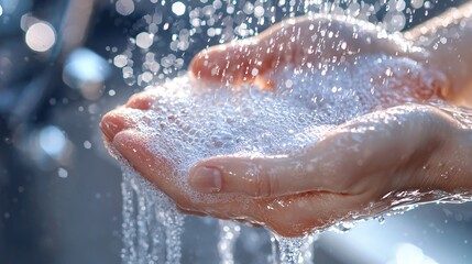 Fototapeta premium A close-up view of hands catching glistening water droplets filled with bubbles, showcasing the refreshing and cleansing experience in a bright and airy setting.