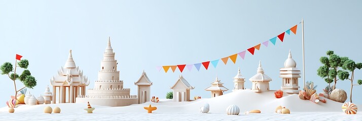Obraz premium Songkran Festival banner, featuring sand castles and traditional Thai temples