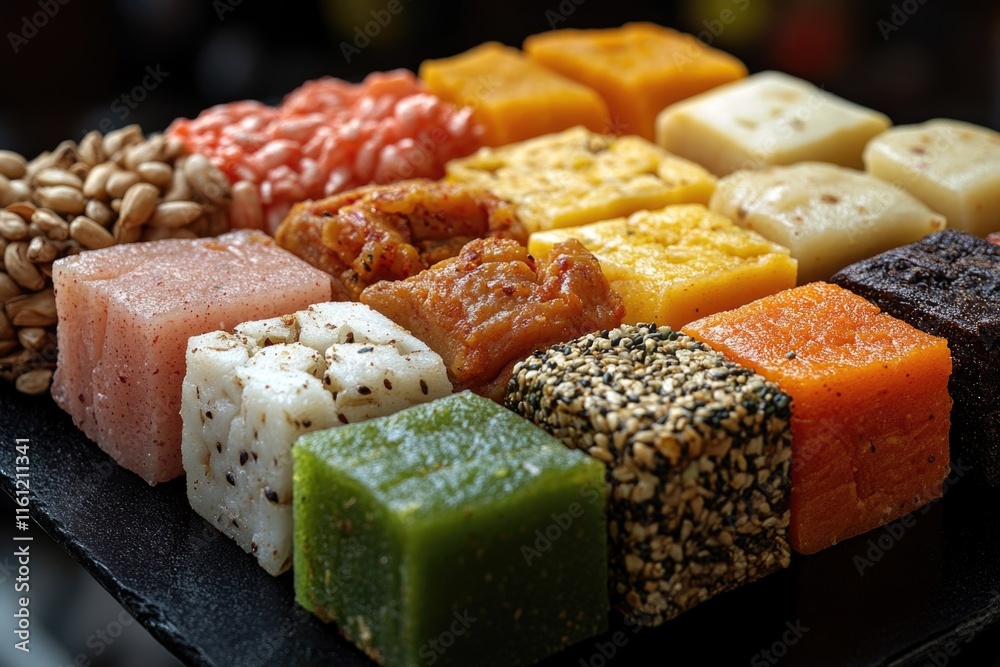 Aufkleber a collection of various dishes and snacks on a table, suitable for use in editorial or commercial co