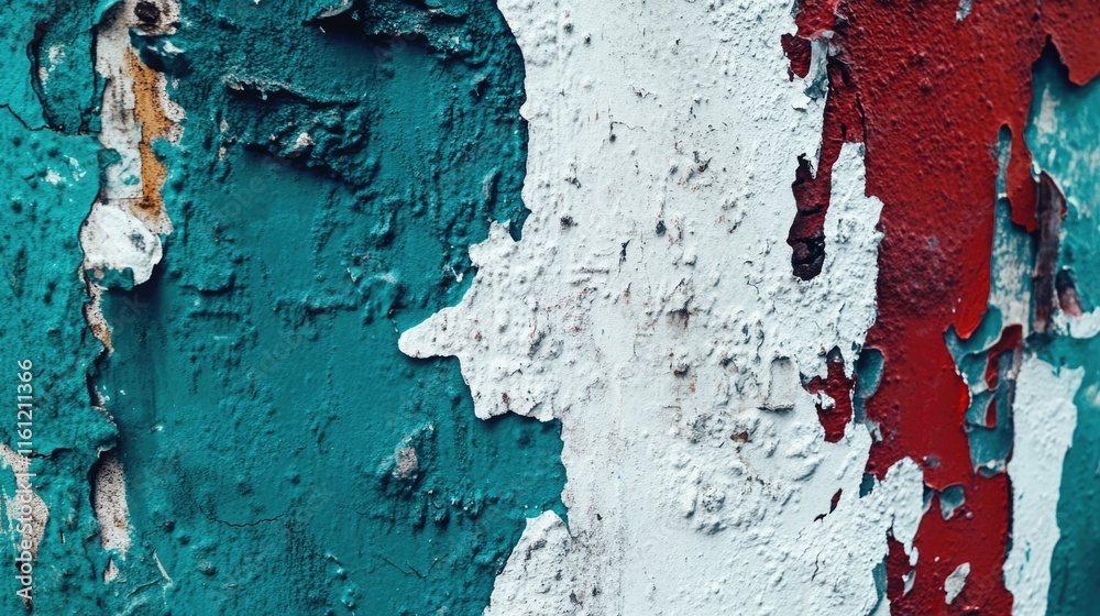 Poster a close-up shot of peeling paint on a worn-out wall, perfect for usage in stories about decay or neg