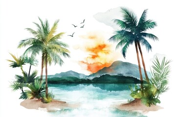 Colorful illustration of a tropical island with palm trees and blue waters
