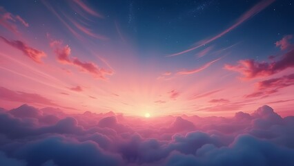 Dreamy Pastel Sunset Sky Above Clouds, Serene Abstract Pink, Blue, Purple Dusk with Stars