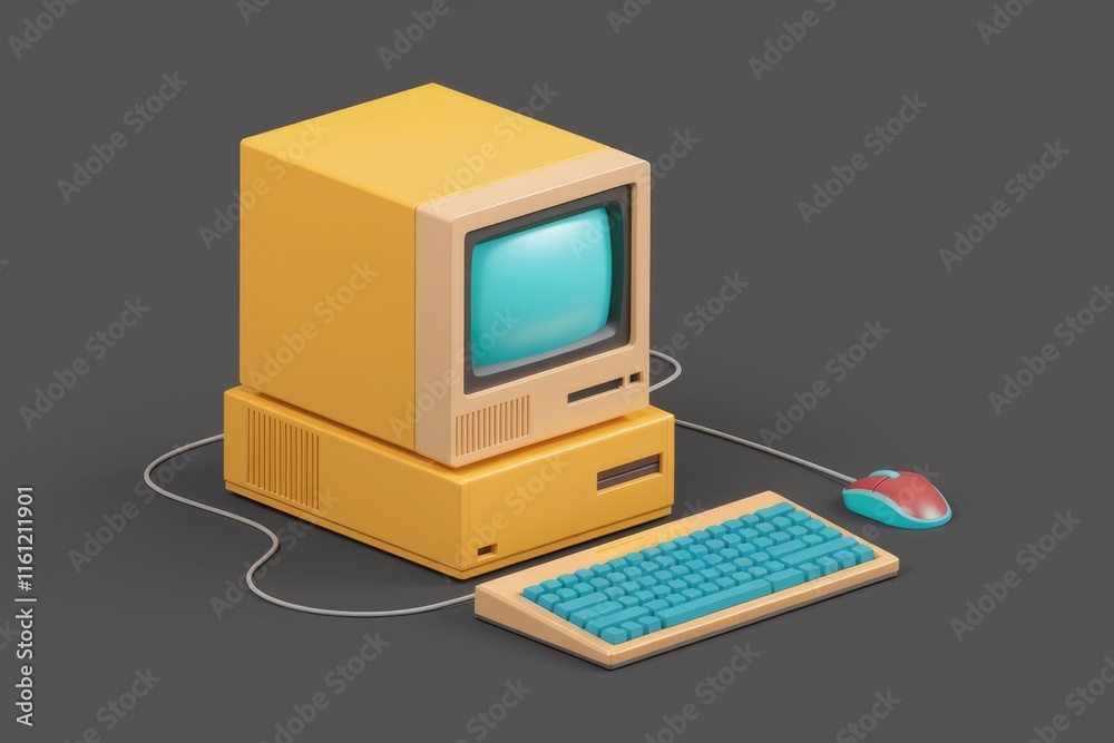 Aufkleber A retro yellow computer with a keyboard and mouse.